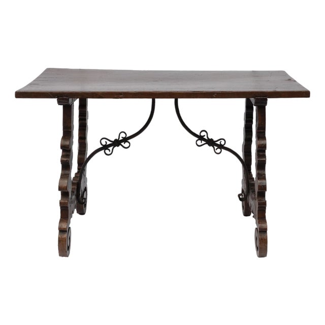 Spanish Walnut Trestle Table With Wrought-Iron Stretcher, 17th Century or Later For Sale
