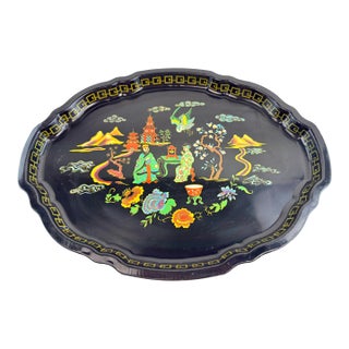 Vintage English Baret Ware “Mandarin Garden” Tole Serving Tray, Black Lacquer For Sale