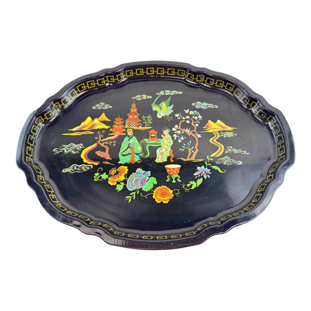 Vintage English Baret Ware “Mandarin Garden” Tole Serving Tray, Black Lacquer For Sale