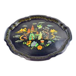 Vintage English Baret Ware “Mandarin Garden” Tole Serving Tray, Black Lacquer