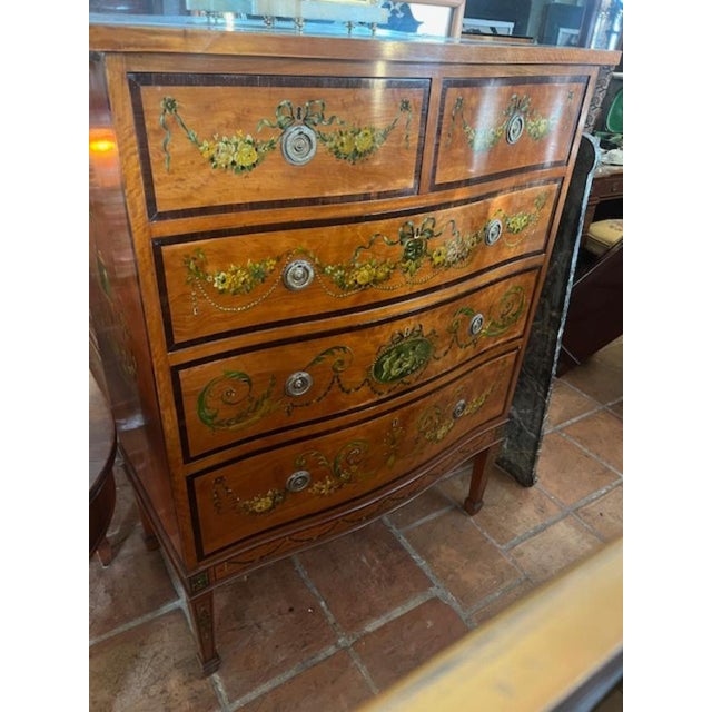 A Pair of English Edwardian Paint-Decorated Satinwood Five-Drawer Chests For Sale In West Palm - Image 6 of 9