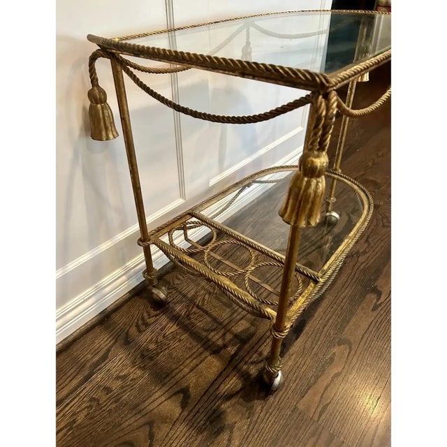 Italian Vintage Italian Gilt Metal Tole Rope & Tassel Bar Cart For Sale - Image 3 of 7