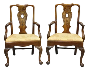 Late 20th Century Henredon Aston Court Chinoiserie Georgian Mahogany Dining Arm Chairs - A Pair