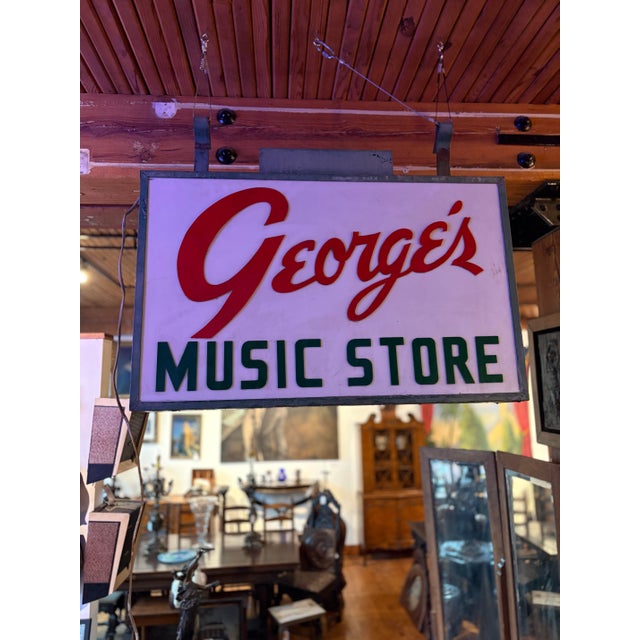Metal Large Vintage "George's Music Store" Commercial Hanging Sign For Sale - Image 7 of 12