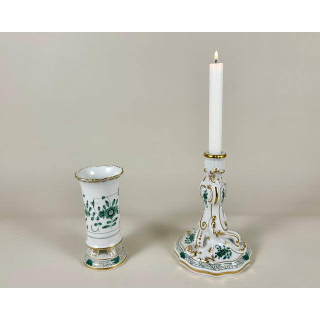 Vintage Porcelain Set Gilded Vase and Candlestick from Meissen, Germany, 1950, Set of 2 For Sale - Image 9 of 9