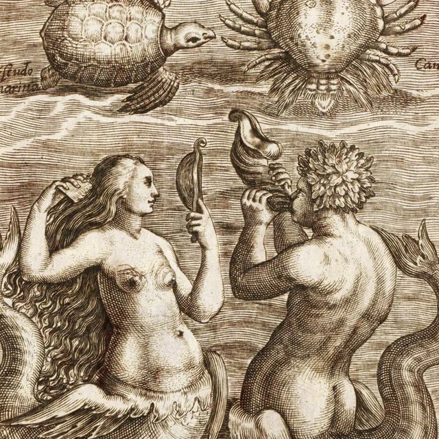 This framed print of an antique drawing of a mermaid, merman and various sea creatures will be just right as part of your...