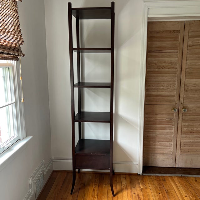 Mahogany étagere with 5-tier open shelving unit, splayed legs and lower drawer with dovetail joints and circular drawer...