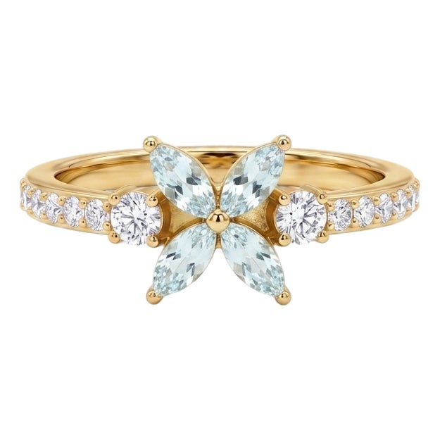 Aquamarine Flower Engagement Ring | Unique Promise Ring | March Birthstone Ring Us 7 For Sale
