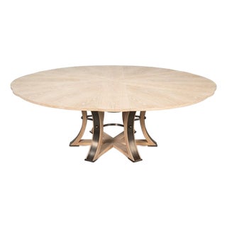 Transitional Round Dining Table, Large - Bleached Oak With Hammered Iron Base For Sale