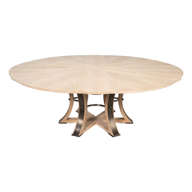 Transitional Round Dining Table, Large - Bleached Oak With Hammered Iron Base For Sale
