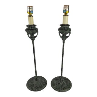 Attributed Frederick Cooper Verdigris Bronze Buffet Candlestick Lamps, Pair For Sale