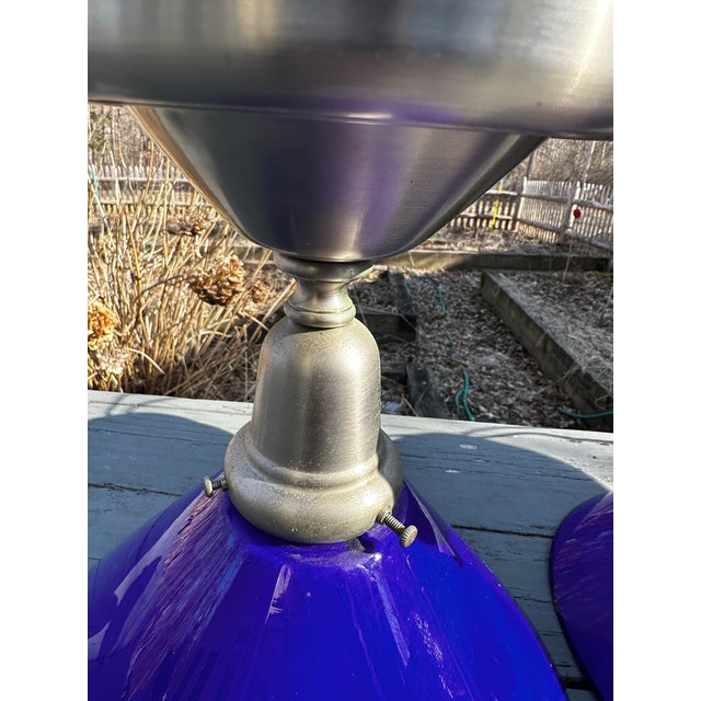 1920s 1920s Brushed Nickel Flush Mount Fixtures With Vintage Cased Blue Shades - Set of Three For Sale - Image 5 of 5