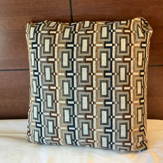Vintage Boho Chic Contemporary Modern Navy-Brown Geometric Pillow. For Sale - Image 6 of 7