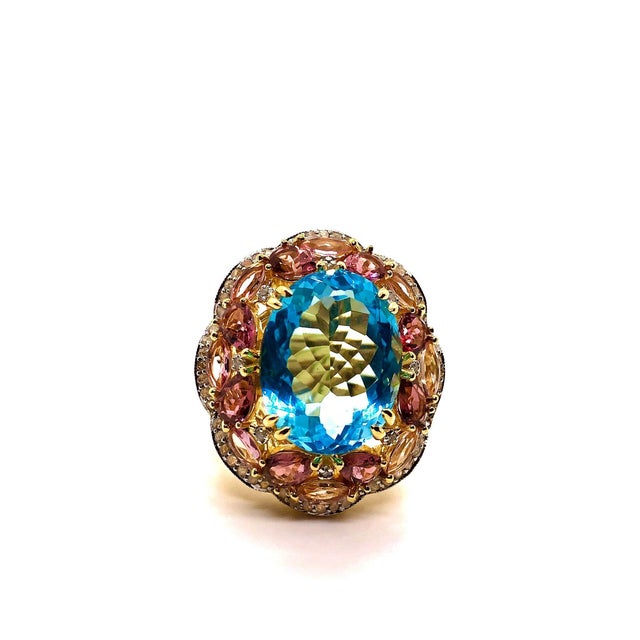 Bochic “Orient” Vintage Diamond, Blue Topaz & Pink Tourmaline Ring Set 18K & Sil For Sale - Image 9 of 11