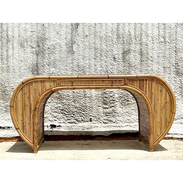 Vintage Coastal 1978 Henry Olko Rattan Waterfall Desk For Sale - Image 4 of 9