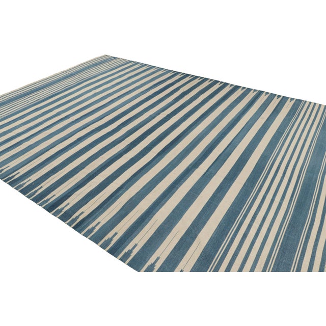 Rug & Kilim Rug & Kilim’s Contemporary Dhurrie Rug in Blue and Cream White Stripes For Sale - Image 4 of 7