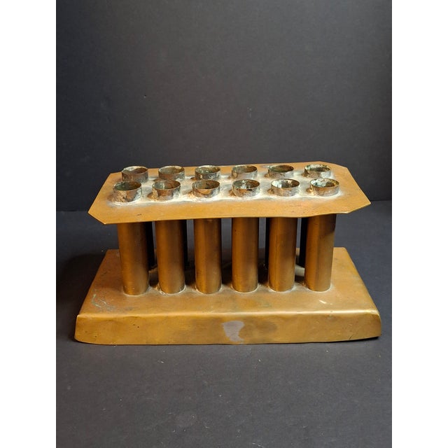Early 19th Century Ultra Rare Antique 18th C Heavy Brass 12 Tube Candle Mold Primitive Corks 5x10 For Sale - Image 5 of 16