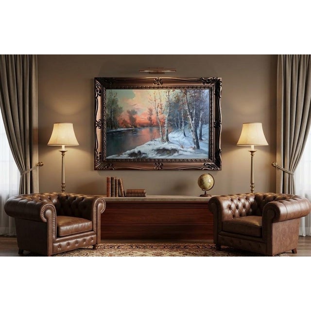 20th Century Winter River Sunset Landscape Oil Painting With Birches, Signed Cardi For Sale - Image 11 of 11