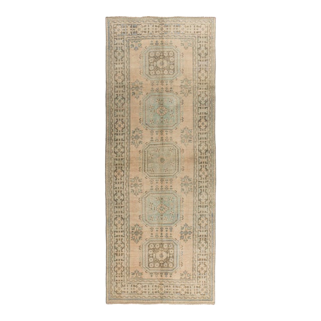 Vintage Circa 1940 Camel Turkish Oushak Hand Knotted Wool Runner 4ft 4in X 11ft 9in For Sale