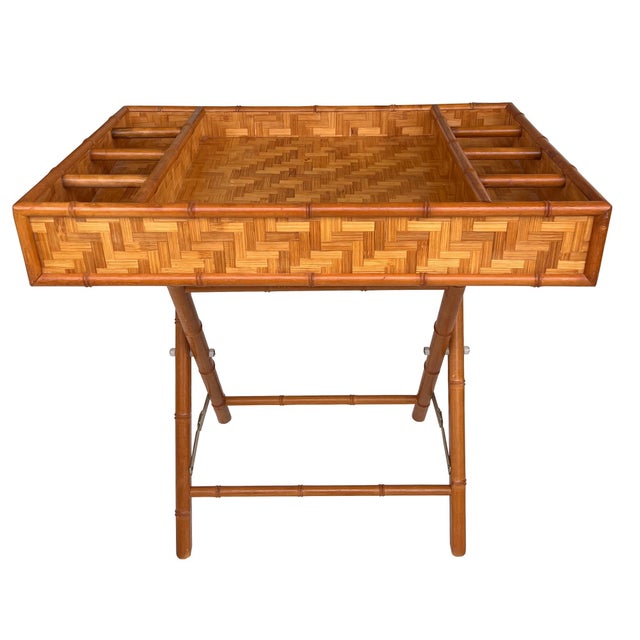 Brown Vintage Bamboo and Woven Rattan Folding Butler Tray Stand, Coastal Campaign For Sale - Image 8 of 13