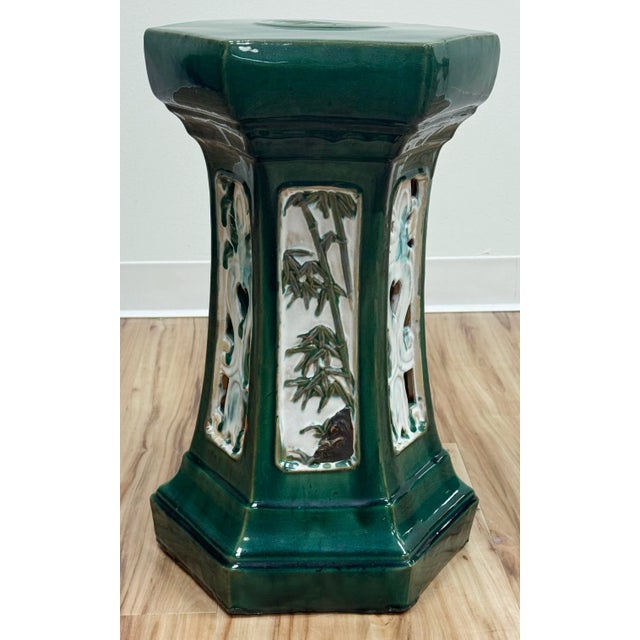Ceramic Vintage Majolica Style Green Glazed Garden Stool For Sale - Image 7 of 9