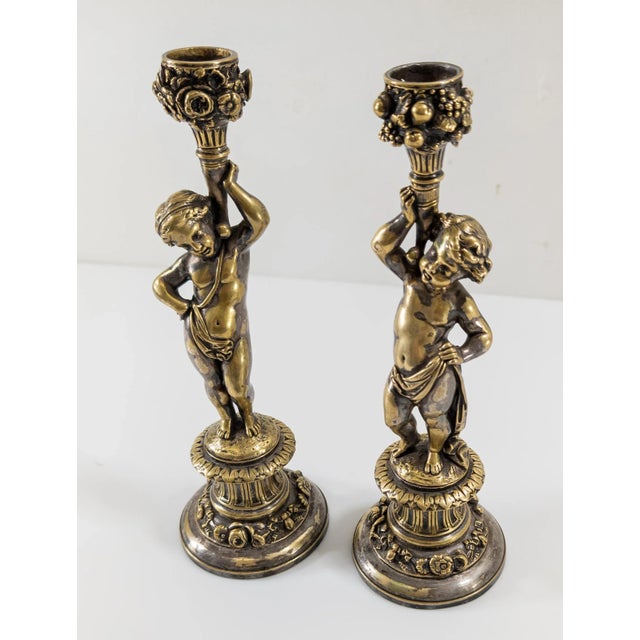 19th Century Pair of French Silvered Bronze Candlestick in Cherub or Putti Form For Sale - Image 4 of 12