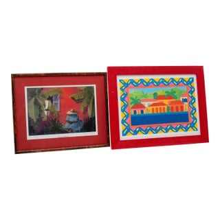 Pair of Tropical Caribbean Paintings "Red House & Bananas" and a Village (Untitled) Signed For Sale