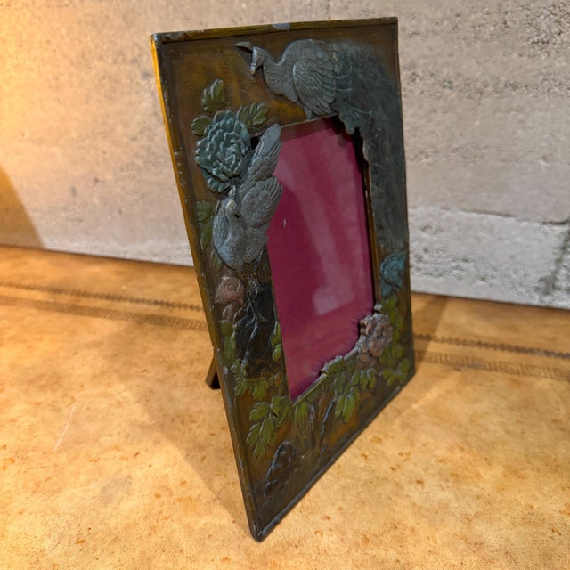 Antique Metal Picture Frame Peacocks and Floral Motifs Japanese Meiji Period For Sale - Image 4 of 11