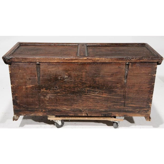 Painted Pine Coffer the front dated "1782"(?) and inscribed "FR+AD", original lock and iron strap hinges, paneled façade...