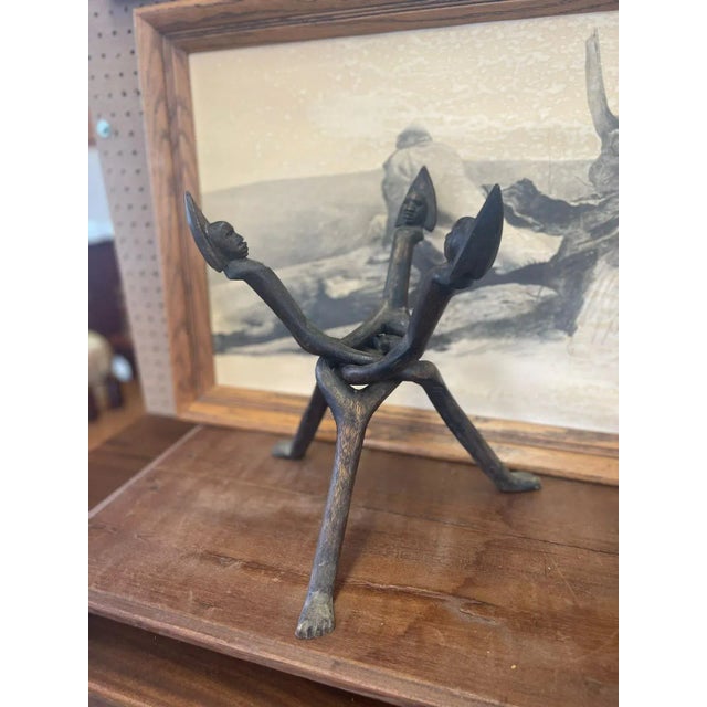 1970s Vintage African Wooden Decor Stand With Three Carved Spearpoint Heads For Sale - Image 4 of 7