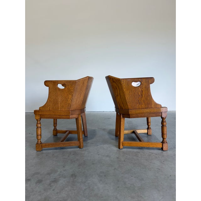Pair of Dutch Colonial Style Vintage Oak Barrel Back Chairs For Sale - Image 4 of 12