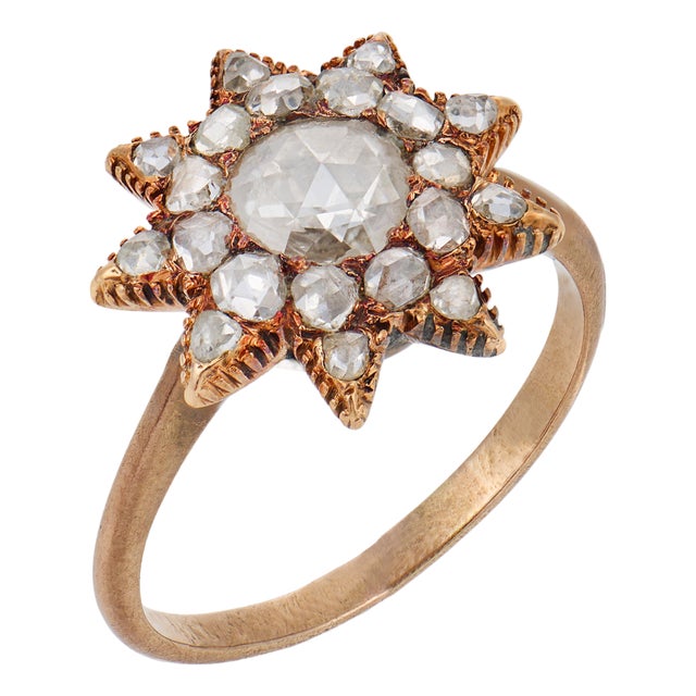 Early 20th Century Victorian Rose Cut Diamond 9k Yellow Gold Star Ring, Size 5.5 For Sale