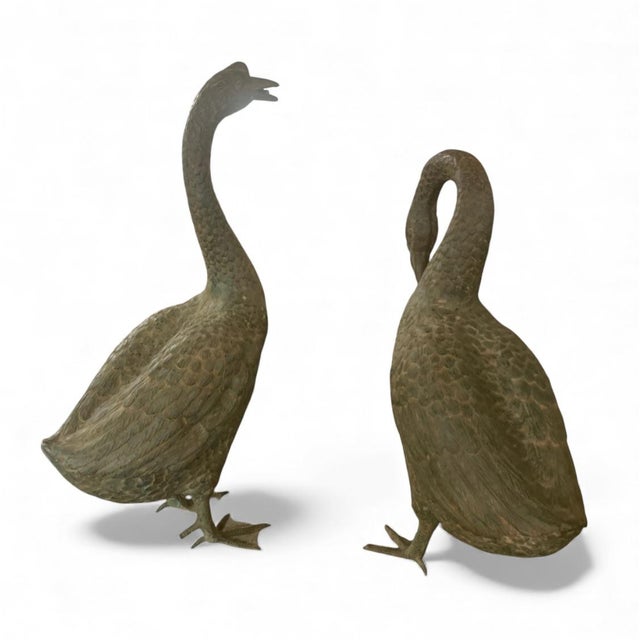 Traditional 1990s Impressive Patinated Bronze Pair of Waterfowl Garden Fountain For Sale - Image 3 of 3