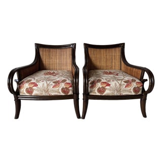 Palecek Coastal Organic Rattan & Cane Lounge Armchairs With Leather-Wrapped Details – Pair For Sale