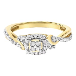 10K Yellow Gold Twisted Shank 1/10 Cttw Diamond Composite Halo Engagement Ring (I-J Color, I3 Clarity) - Size 7 For Sale