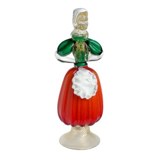 Murano Vintage Red Green Gold Flecks Italian Art Glass Mid-Century Traditional Dress Woman Sculpture For Sale