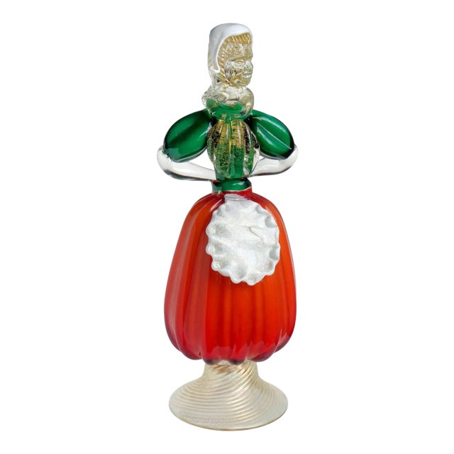 Murano Vintage Red Green Gold Flecks Italian Art Glass Mid-Century Traditional Dress Woman Sculpture For Sale