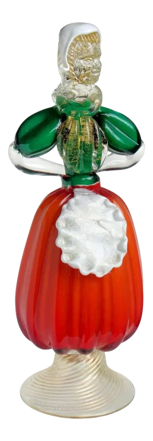 Murano Vintage Red Green Gold Flecks Italian Art Glass Mid-Century Traditional Dress Woman Sculpture