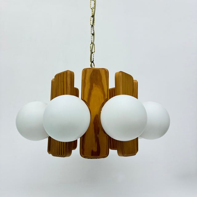 Vintage Pine Wooden Chandelier with Glass Globes, 1970s For Sale - Image 6 of 18