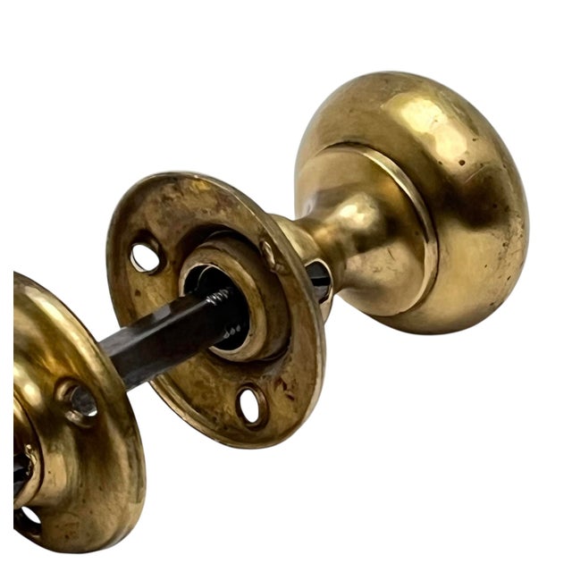 1930s American Cast Brass Art Deco Door Knobs W/ Rosettes. A Pair For Sale - Image 4 of 7