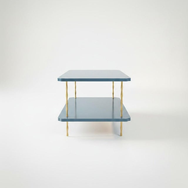 Contemporary Handcrafted Satin Sea Reflection Painted Two-Layer Coffee Table With Brass Bamboo Legs For Sale - Image 3 of 7