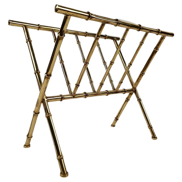Vintage Gilded Brass & Faux Bamboo Magazine Rack, Italy, 1960s For Sale