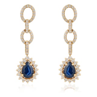 Geometric 1.61ct Blue Sapphire & Diamond Link Drop Earrings in 14k Yellow Gold- A Pair For Sale