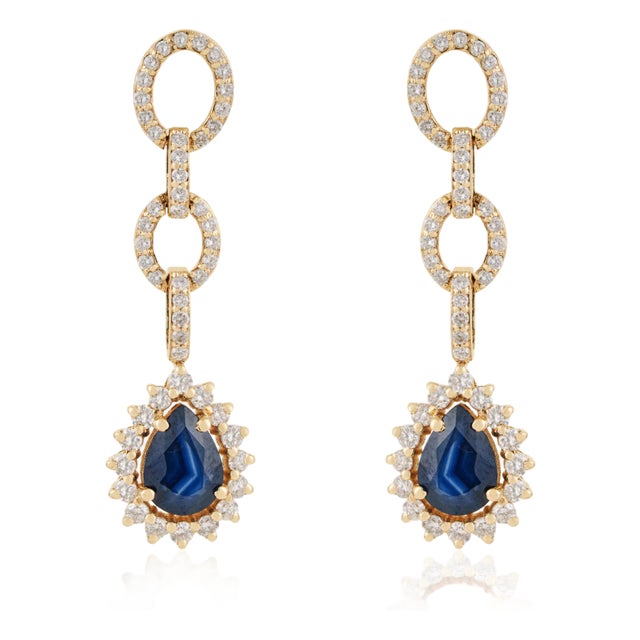 Geometric 1.61ct Blue Sapphire & Diamond Link Drop Earrings in 14k Yellow Gold- A Pair For Sale