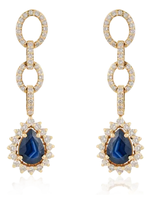 Geometric 1.61ct Blue Sapphire & Diamond Link Drop Earrings in 14k Yellow Gold- A Pair