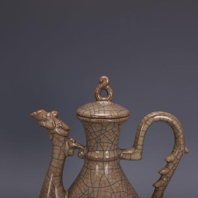 Asian Ge Style Crackle Glaze Porcelain Ewer, Dragon Spout Lidded Wine Pitcher For Sale - Image 3 of 9