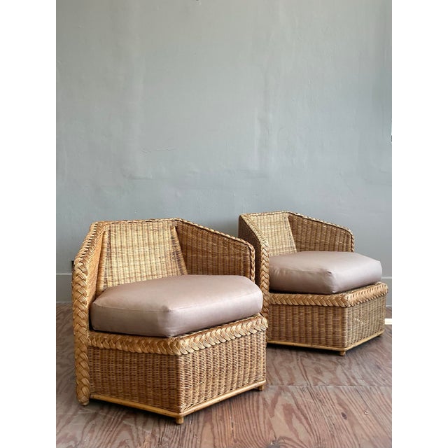 Vintage Coastal Brown Jordan Faceted Rattan Lounge Chairs - A Pair For Sale - Image 9 of 12