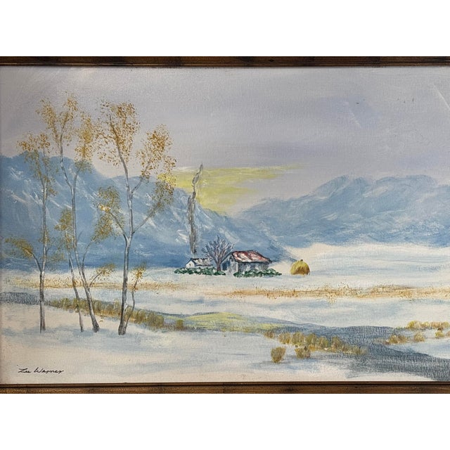Large Vintage Winter Landscape Oil Painting on Canvas in Ornate Gilt Frame Signed For Sale - Image 4 of 7