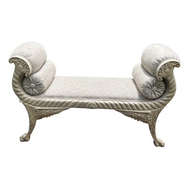Mid 20th Century Louis XVi Style Upholstered Carved Bleached Wood Window Bench For Sale