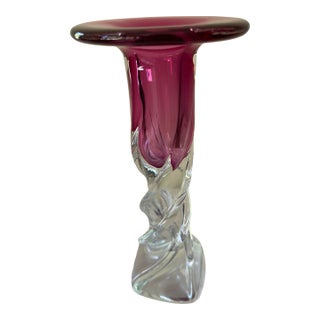 1970s Fine Art Glass Cranberry Twisted Crystal Vase/Candleholder For Sale